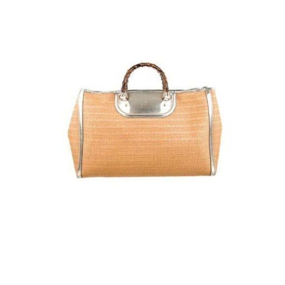 Gucci XL Bamboo Raffia Tote Bag With Gold-Tone Hardware & Leather Trim